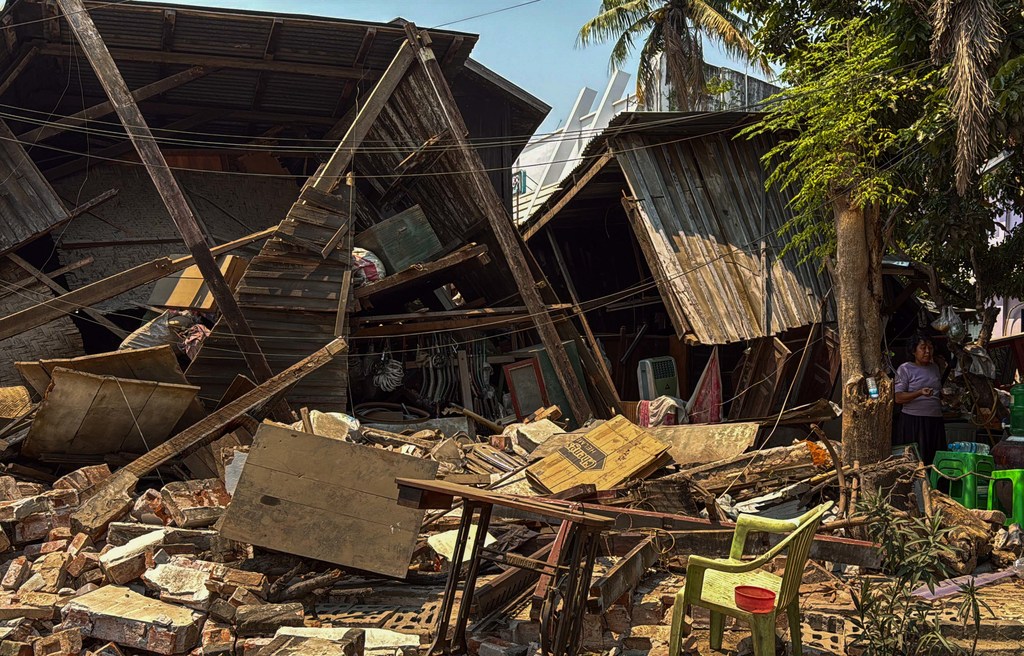 A collapsed building in Sagaing, central Myanmar, following the 7.7-magnitude earthquake that struck the region on 28 March. The region is also among the worst affected in the conflict between the military and opposition armed groups.